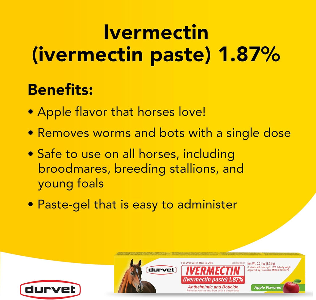 Durvet Ivermectin Horse Wormer Apple Flavor Broad Spectrum Equine Dewormer 3-Pack