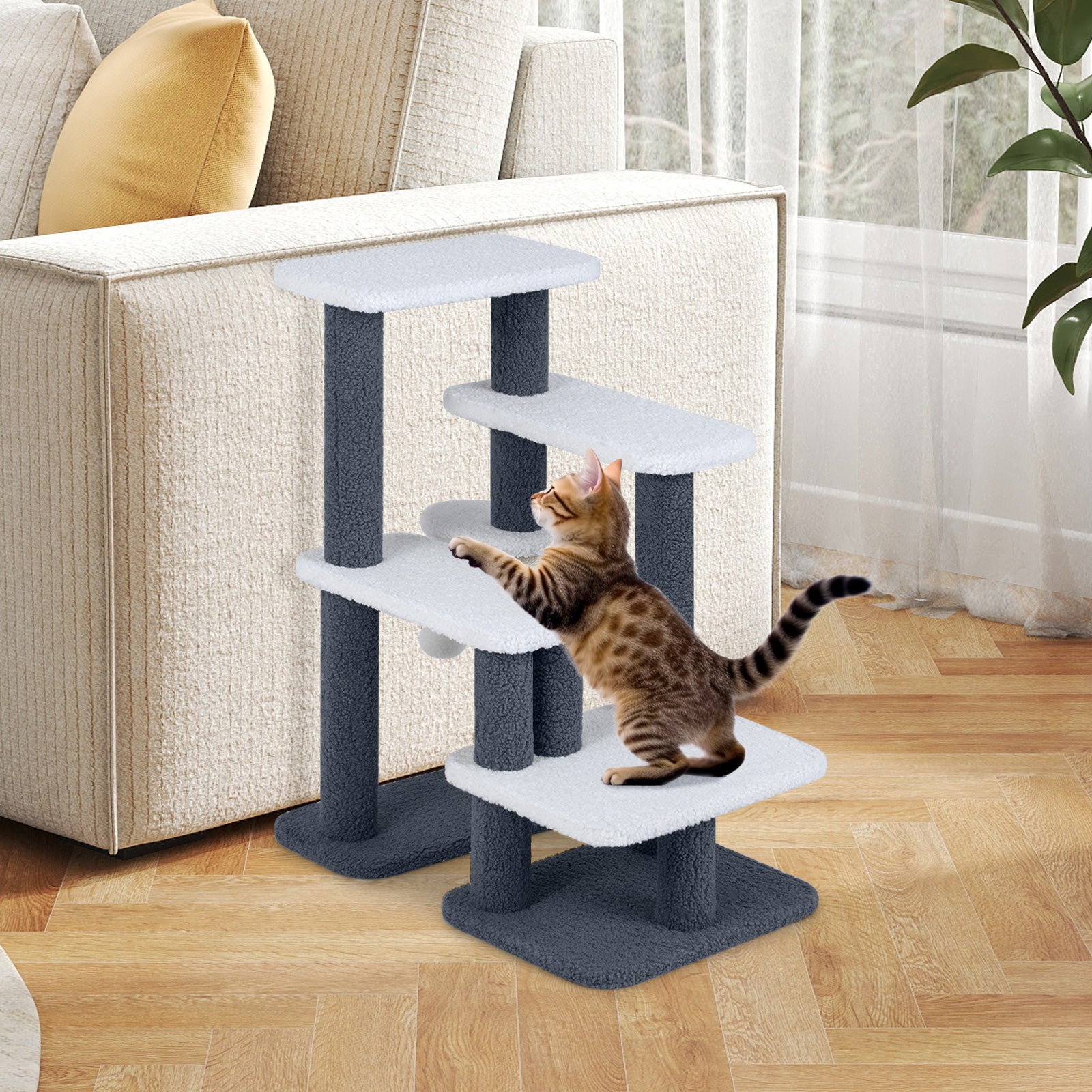 2-in-1 Cat Stairs Cat Tree Tower with Scratching Posts and Hanging Toy Ball-Gray