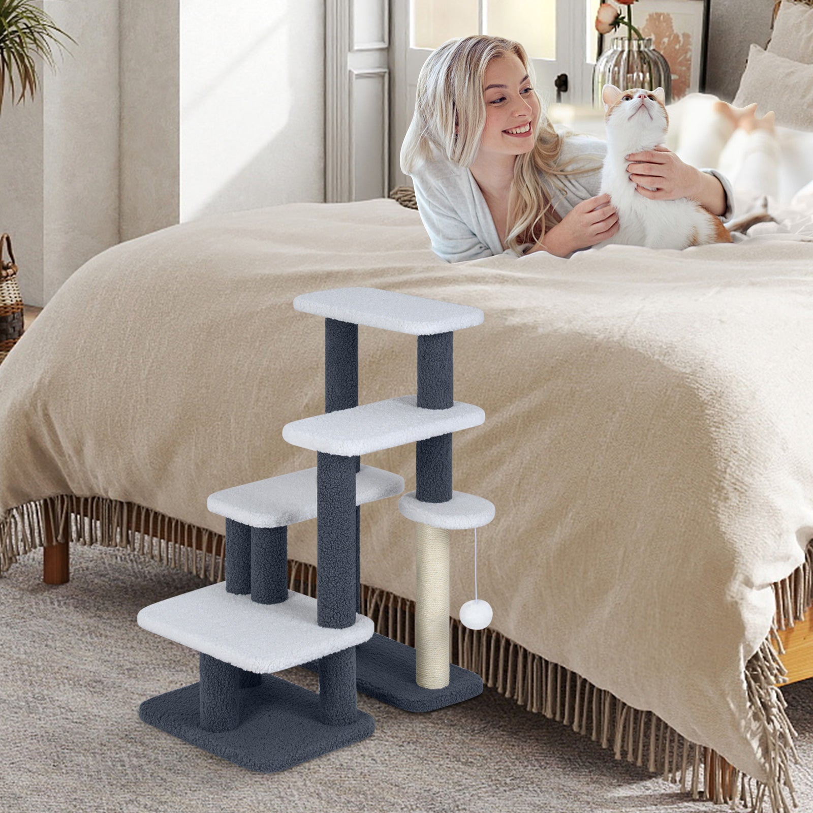 2-in-1 Cat Stairs Cat Tree Tower with Scratching Posts and Hanging Toy Ball-Gray