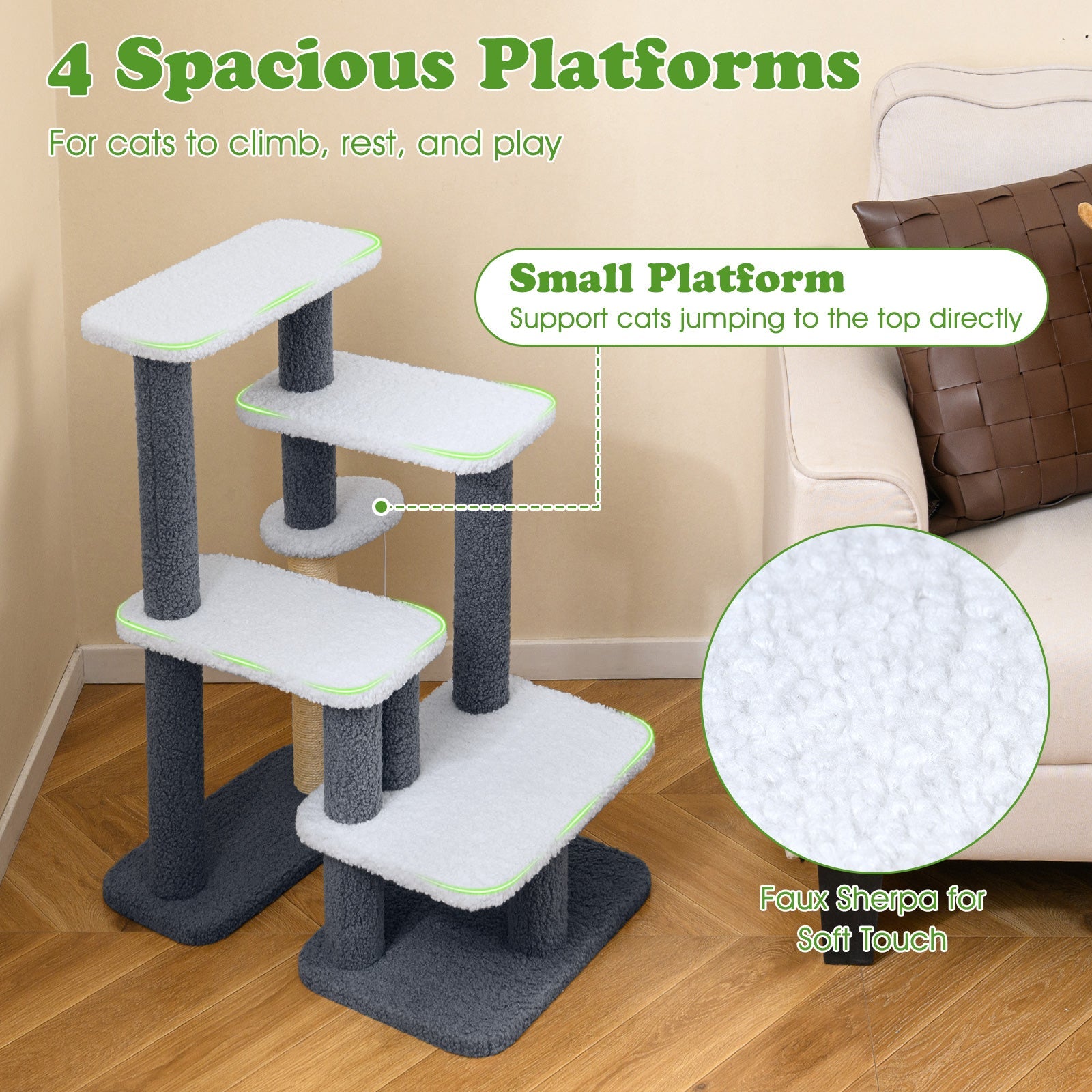 2-in-1 Cat Stairs Cat Tree Tower with Scratching Posts and Hanging Toy Ball-Gray