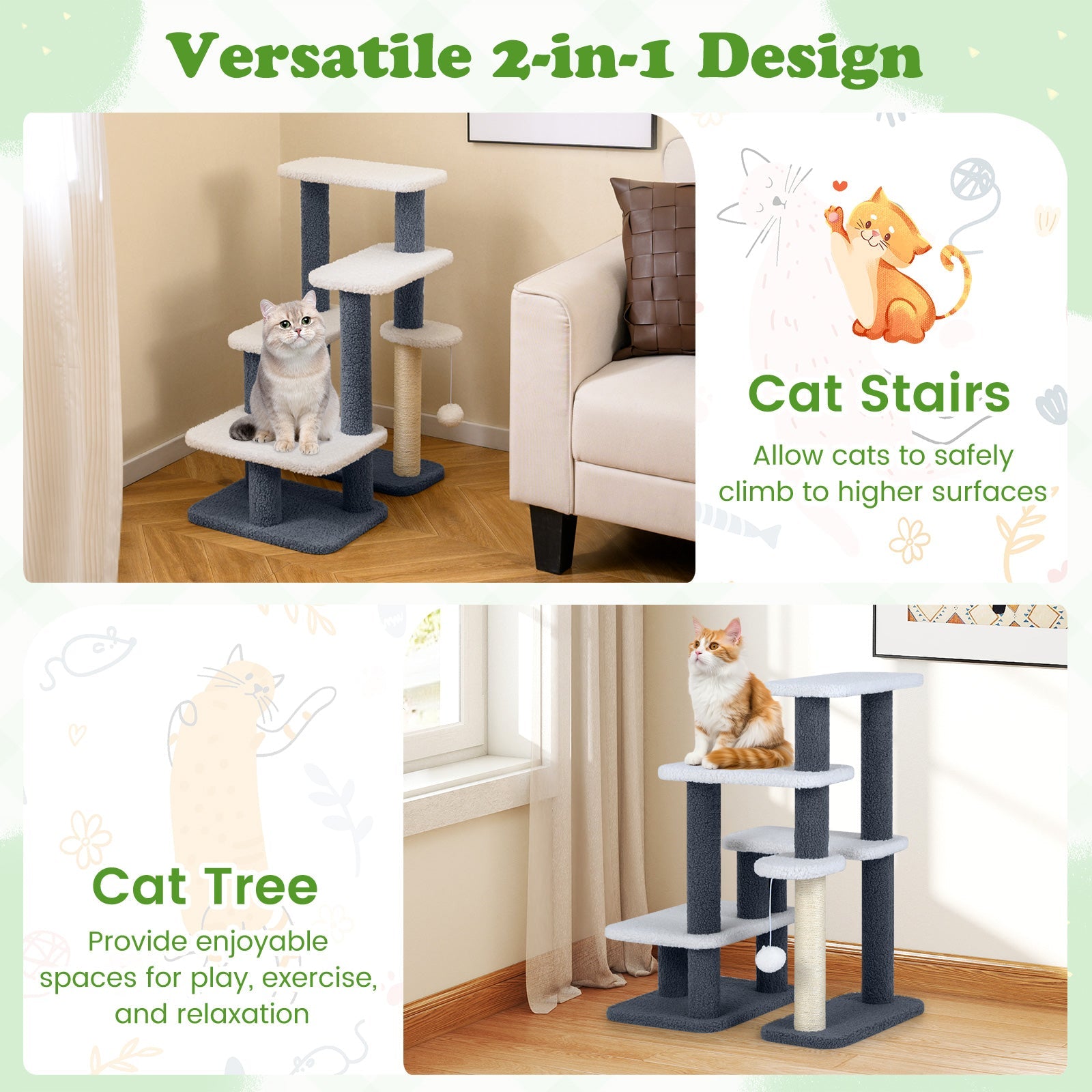 2-in-1 Cat Stairs Cat Tree Tower with Scratching Posts and Hanging Toy Ball-Gray