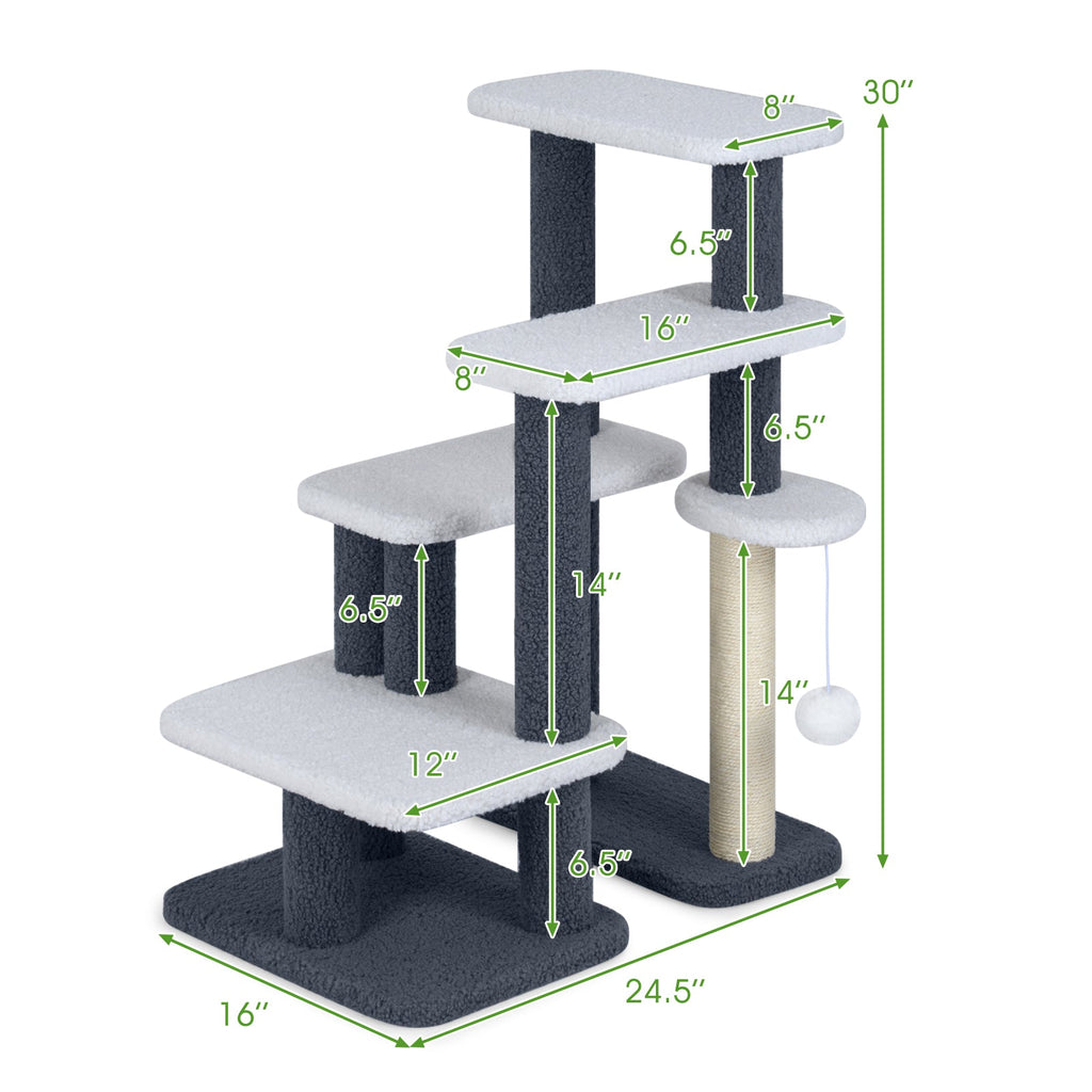2-in-1 Cat Stairs Cat Tree Tower with Scratching Posts and Hanging Toy Ball-Gray