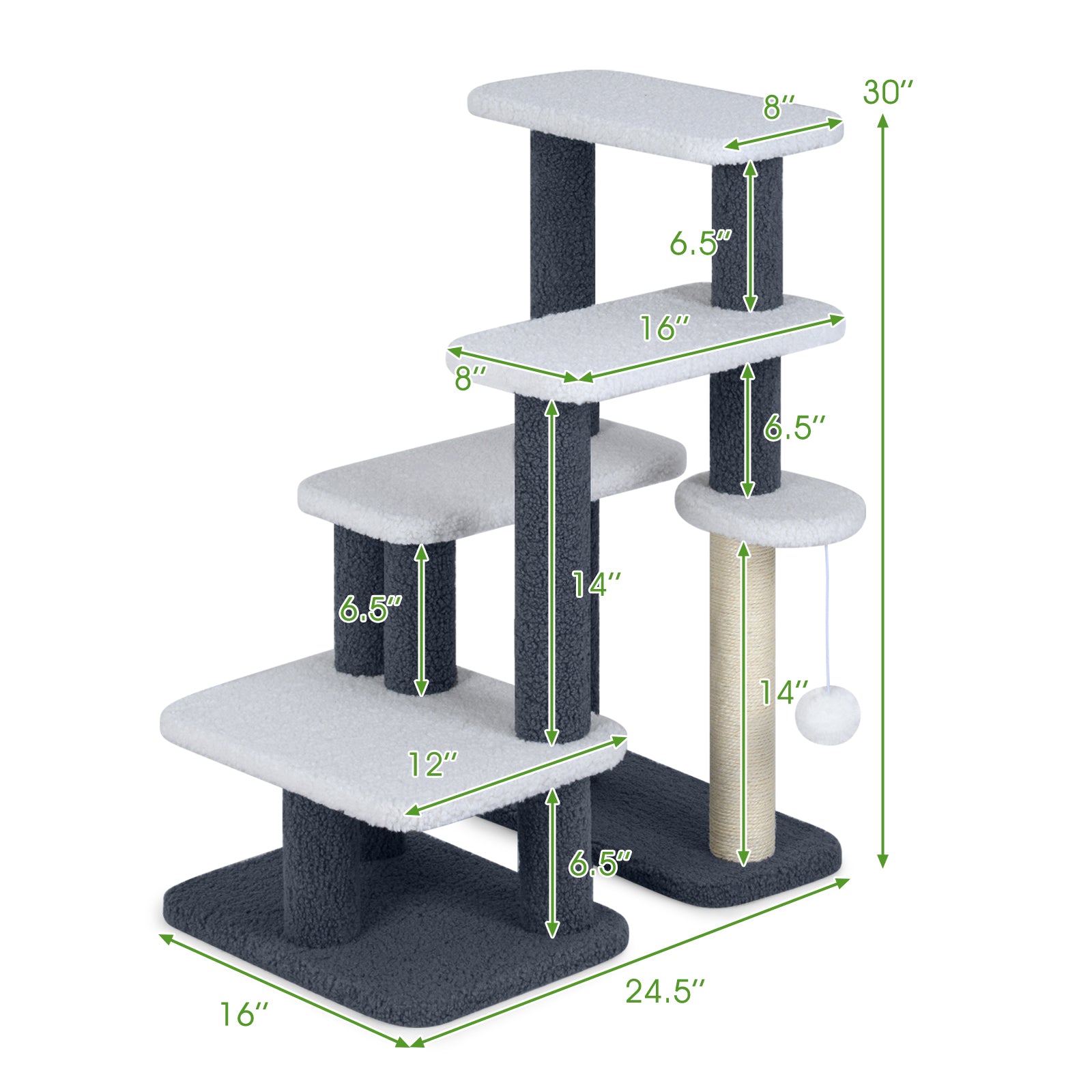 2-in-1 Cat Stairs Cat Tree Tower with Scratching Posts and Hanging Toy Ball-Gray