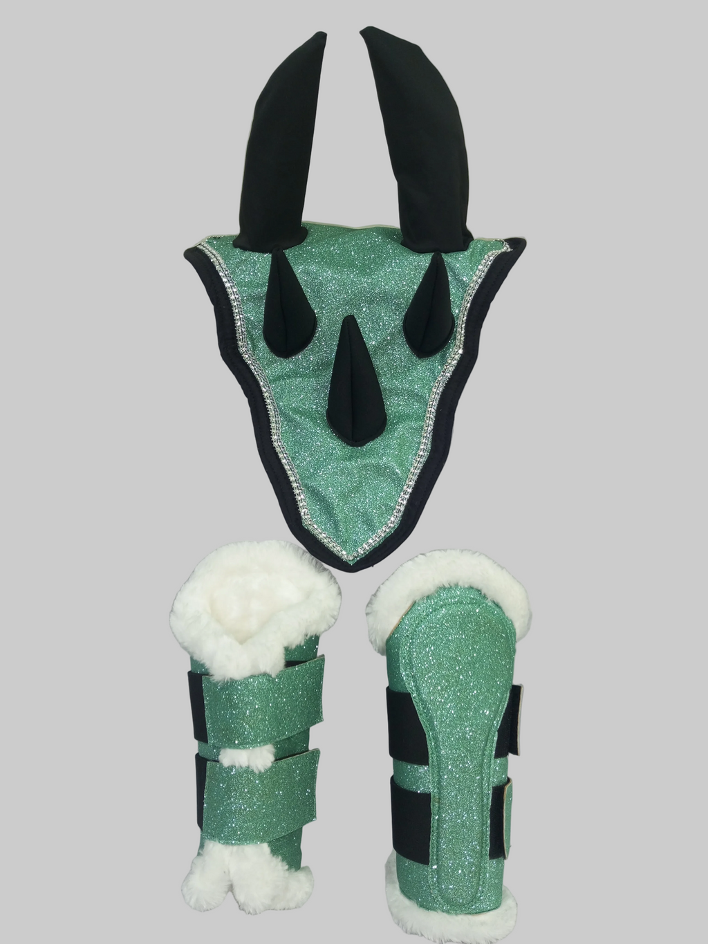 Green Horse Dragon Saddle Pad, Ear Bonnet & Horse Boot Set