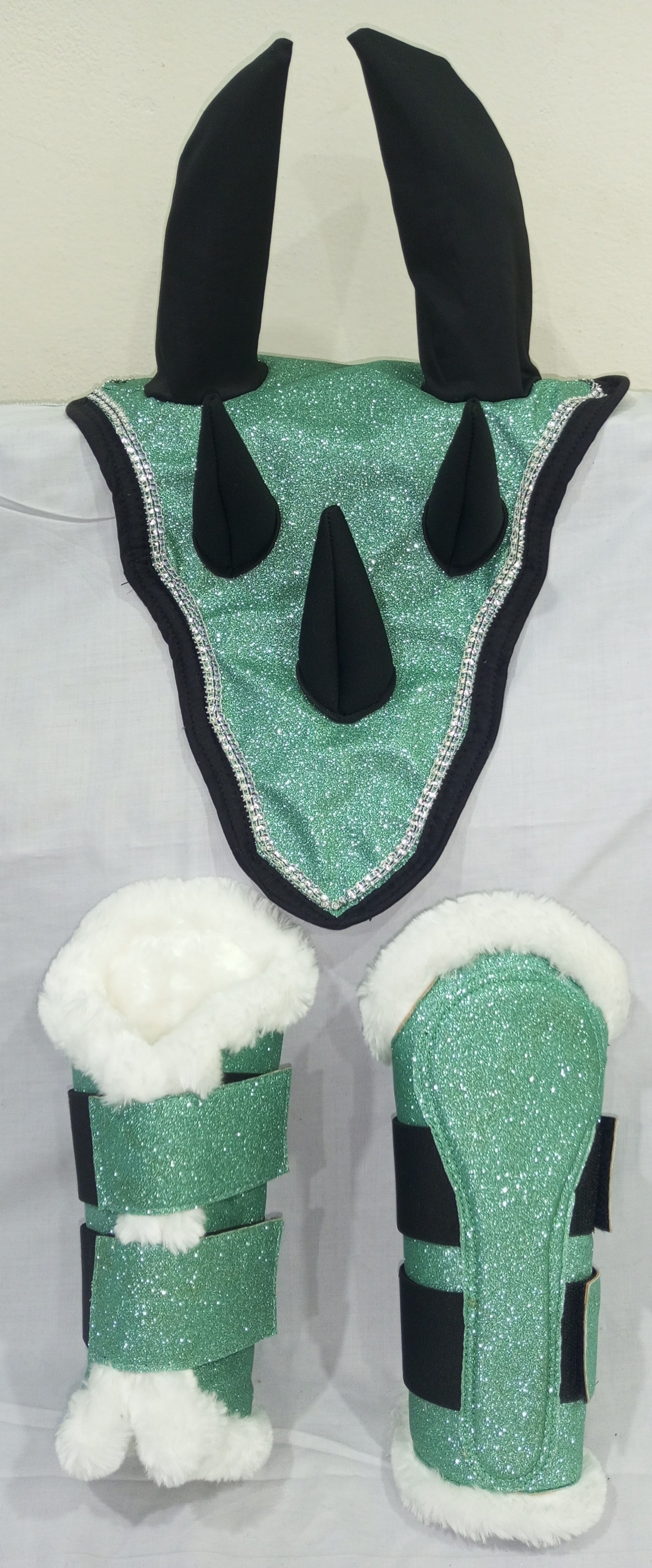 Green Horse Dragon Saddle Pad, Ear Bonnet & Horse Boot Set