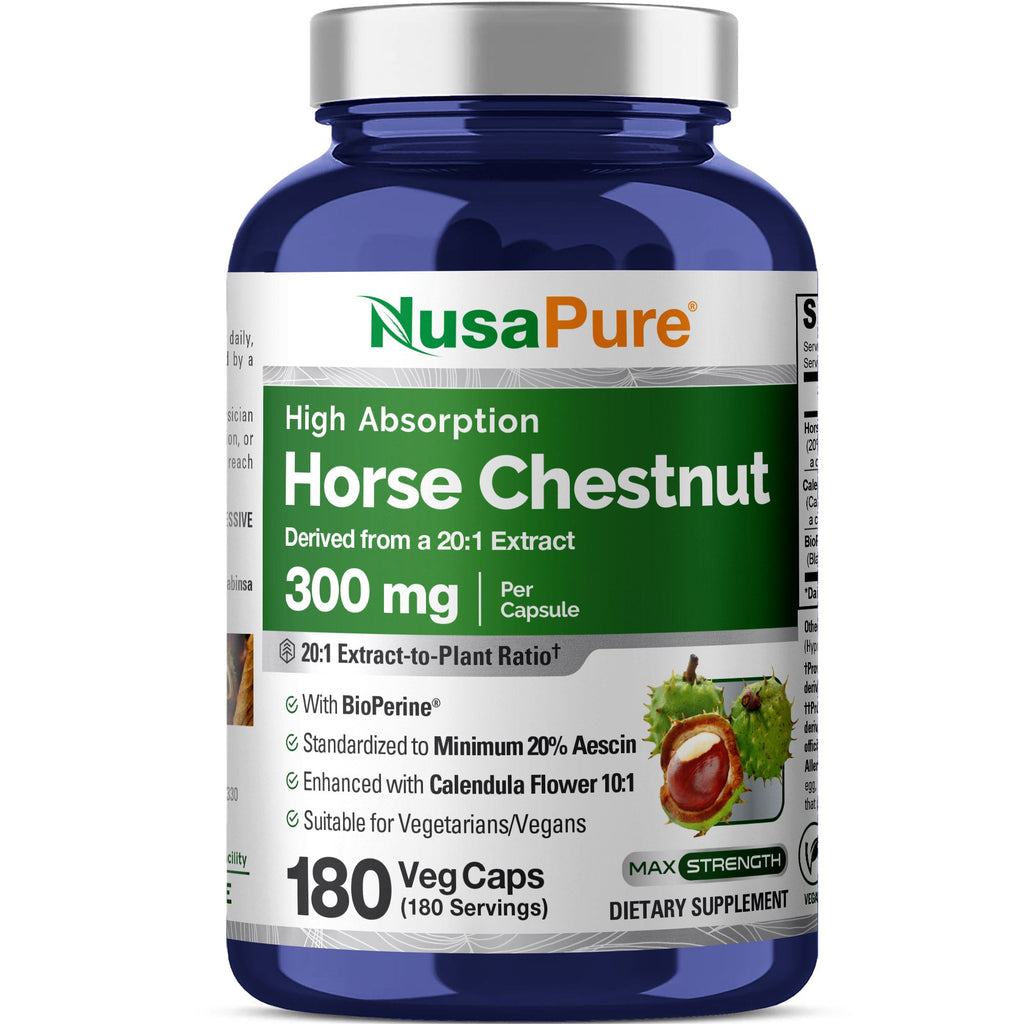 NusaPure Horse Chestnut 20:1 Extract, 300 mg 180 Veggie Caps Non-GMO, Vegan, BioPerine, Calendula Flower