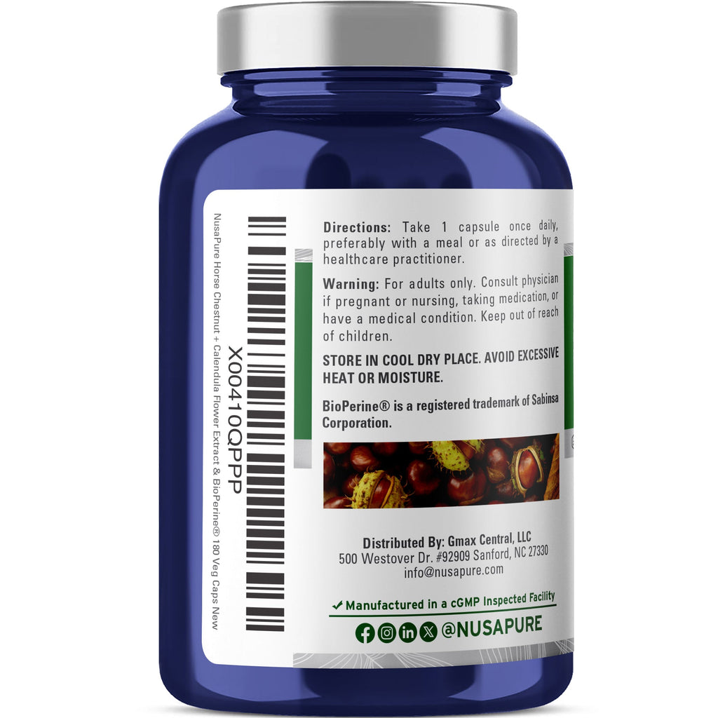 NusaPure Horse Chestnut 20:1 Extract, 300 mg 180 Veggie Caps Non-GMO, Vegan, BioPerine, Calendula Flower