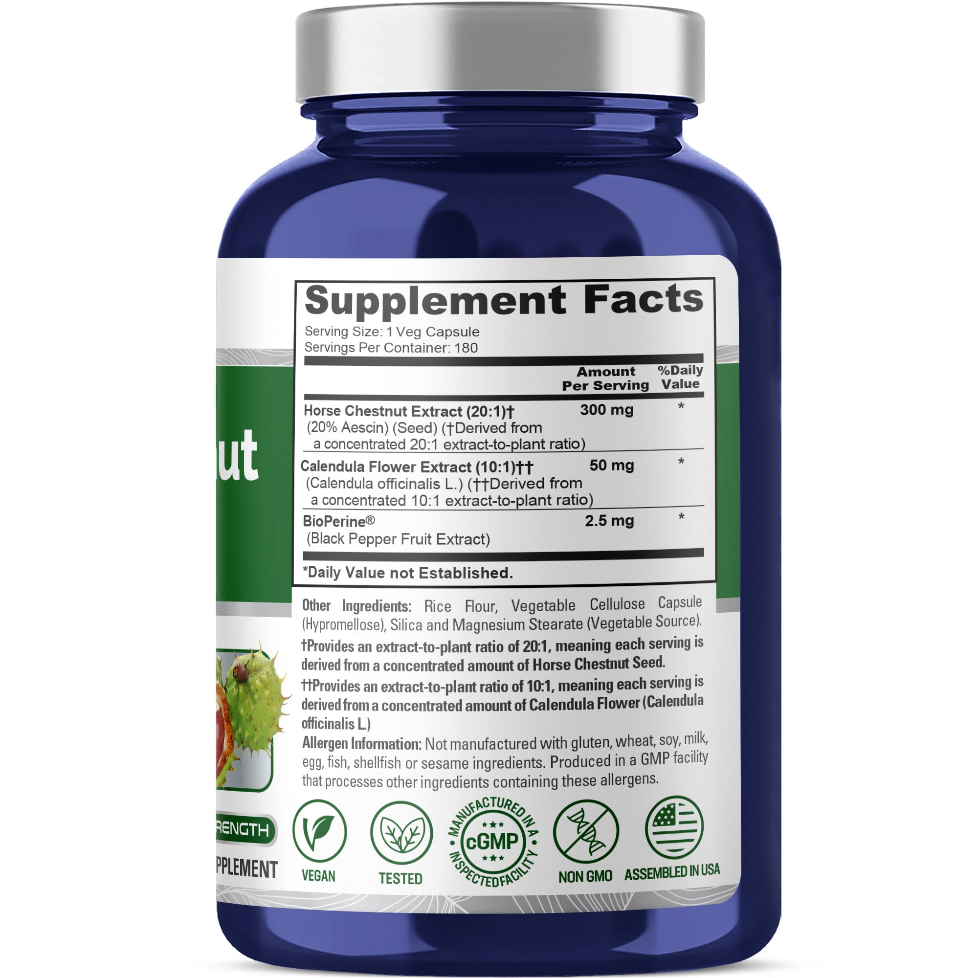 NusaPure Horse Chestnut 20:1 Extract, 300 mg 180 Veggie Caps Non-GMO, Vegan, BioPerine, Calendula Flower