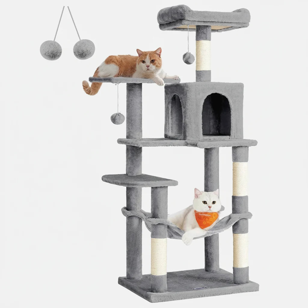 56.3" Multi-Cat Tree Tower Hammock, Condo & Scratching Posts for Indoor Cats