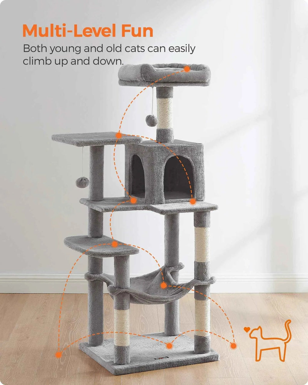 56.3" Multi-Cat Tree Tower Hammock, Condo & Scratching Posts for Indoor Cats