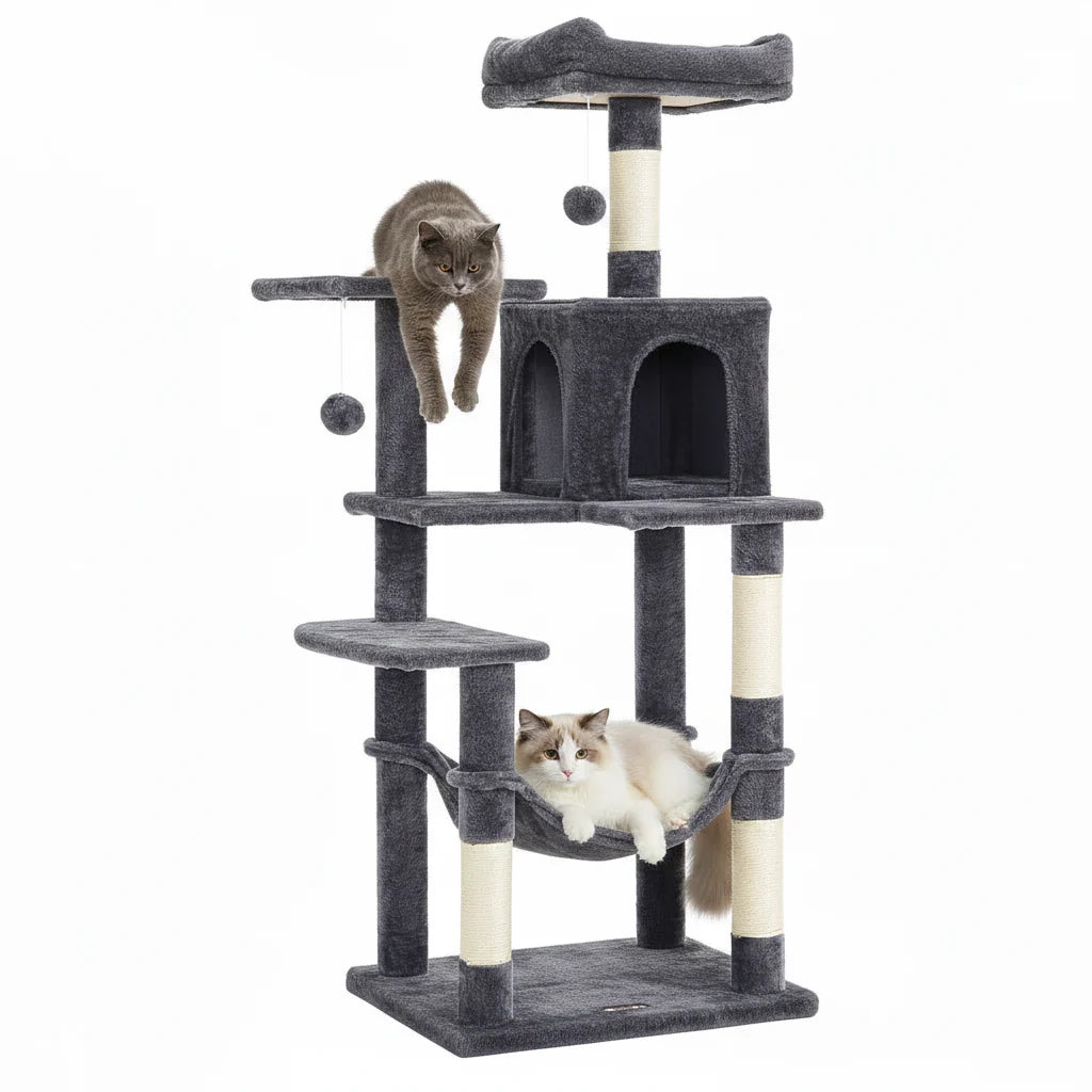 56.3" Multi-Cat Tree Tower Hammock, Condo & Scratching Posts for Indoor Cats