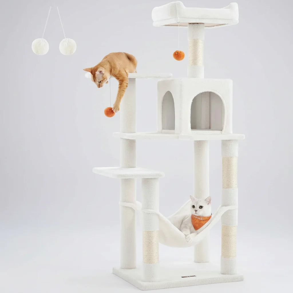 56.3" Multi-Cat Tree Tower Hammock, Condo & Scratching Posts for Indoor Cats