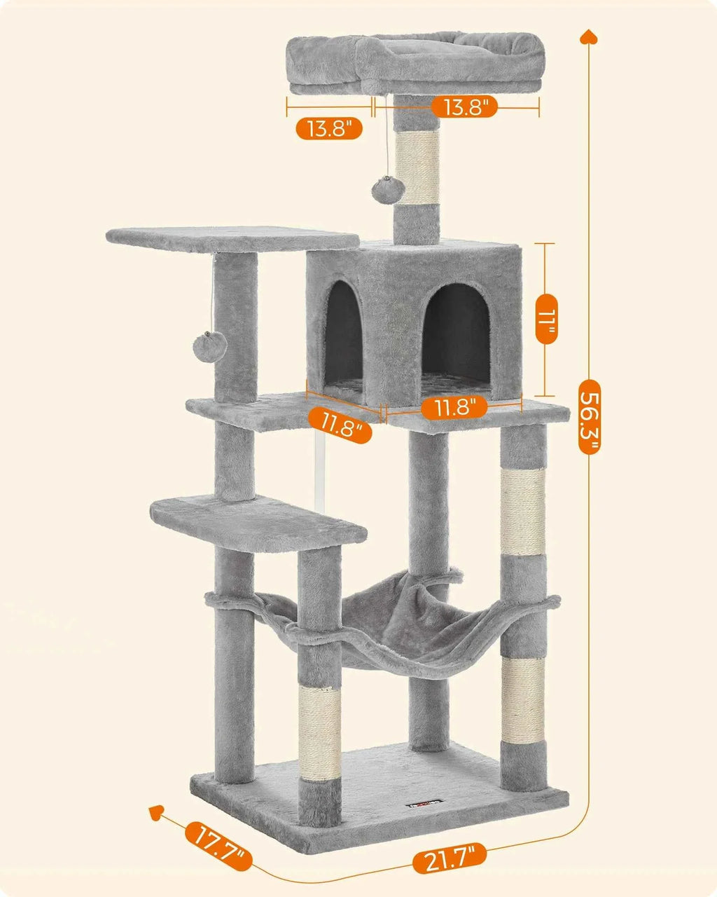56.3" Multi-Cat Tree Tower Hammock, Condo & Scratching Posts for Indoor Cats